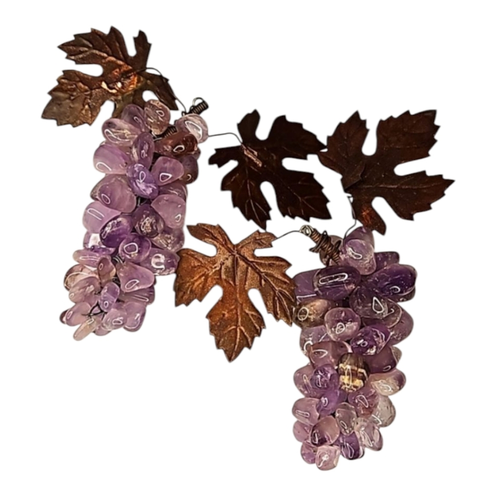 Vintage polished amethyst grape and leaf set of 2